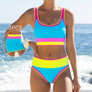 Popvil 3-Piece Colorblock High-Waist Bikini Set with Skirt